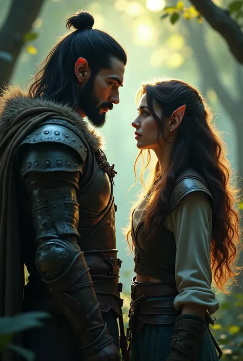 A young and handsome elf man with shoulder-length black hair, black eyes and a bit of a beard with a cold expression along with a brown-haired human woman with blue eyes 