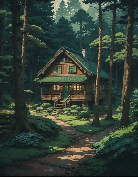 front view, a green wooden cabin, in the woods, forest, pine trees, shade, sunlight coming in from canopy of trees, earthy tones, muddy path, stone, green ling grass, lofi, vibrant tones, no one, moody weather, like a movie scene, ghibli style, cinematic t...