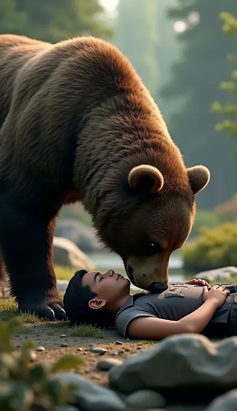 Sohan is lying flat on the ground, eyes closed, holding his breath. The bear is sniffing him curiously, standing over Sohan, who is trying to remain as still as possible.taking a realistic  3d photo