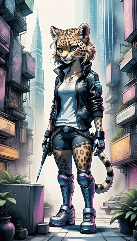 ((detailed  (furry1.4) )) leopard woman, cyberpunk city, cute, funny, centered, award winning watercolor pen illustration, detailed, disney, isometric illustration, drawing, by Stephen Hillenburg, Matt Groening, Albert Uderzo