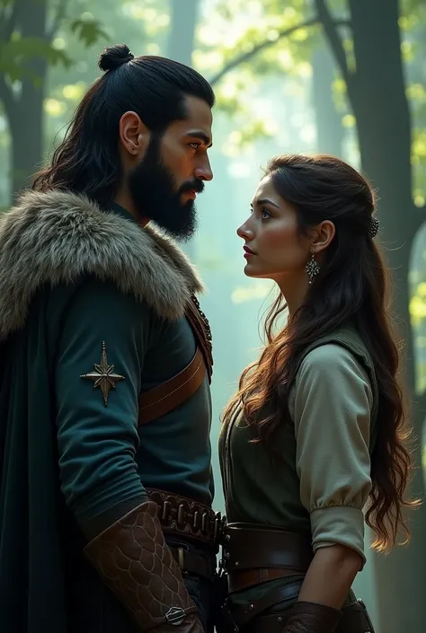 A young and handsome elf man with shoulder-length black hair, black eyes and a bit of a beard with a cold expression along with a brown-haired human woman with blue eyes 