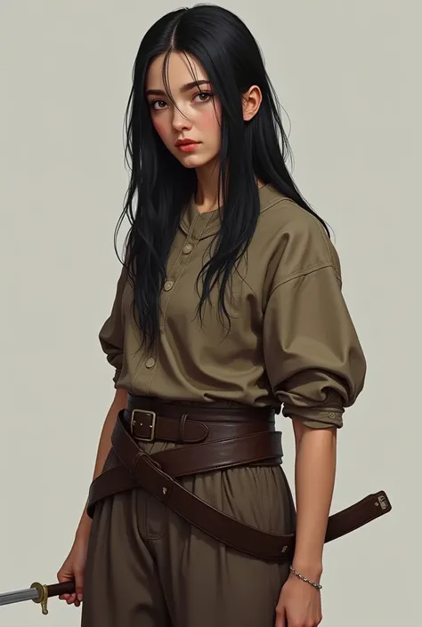 Arya Stark de Game of Thrones,Skinny  with a thin sword in her left hand,her hair close to her head is black and straight ,her face is long and sharp, she is wearing brown cotton pants and an oversized leather blouse of a royal lady ,with a belt around the...