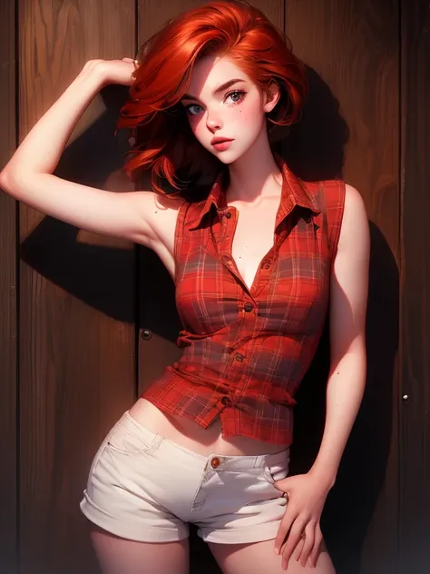 single girl , lush , curved ,redhead, short shorts unbuttoned, a short plaid shirt is open and the chest is visible, pale skin a...