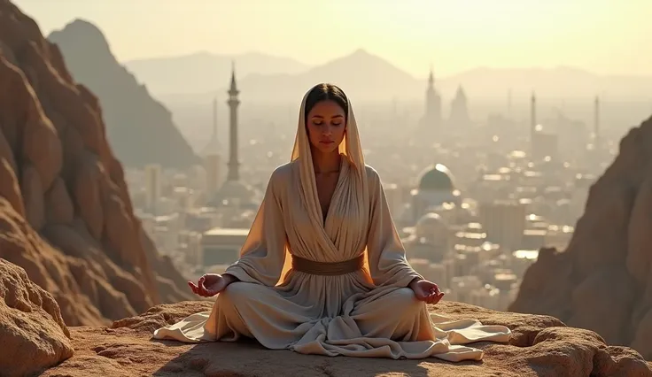 An Arab woman meditating on top of Al Noor Mountain, close to Caverna Hira, where the Prophet Muhammad received his first revelations. The view of the mountains and the skyline of Mecca in the background amplifies the feeling of spirituality.