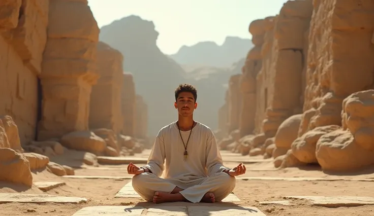 A young Arab man practicing meditation amidst the ruins of the ancient city of Al-Ula, surrounded by majestic rock formations and historic monuments, feeling the ancestral energy of the place.