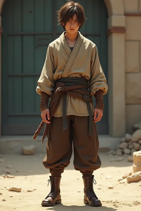 (photorealism:1.2) young male, unkempt brown hair, skinny disposition, monk fighter, basic clothing, basic leather boots