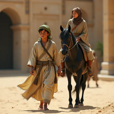 a boy 19years old wearing an olive green head covering, long faded linen flowing in the wind, wearing a brown washed linen robe withb intricate details covering his body, fluttering with the wind, detailed worn face, background of an ancient mosque in Egyp...