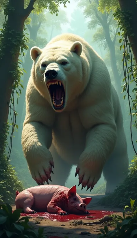 In a jungal.A white bear has torn apart the stomach of a piggy and is standing over it and screaming.image in real hd.