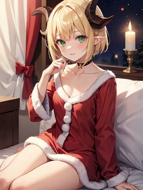  santa nightwear,devil,Pointy Ears,Goat horns,Blonde,short hair,Green Eyes