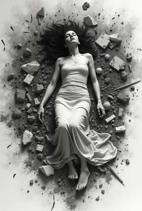 A woman dressed dirty dress and lying in the garbage in Black and white splintered water color art