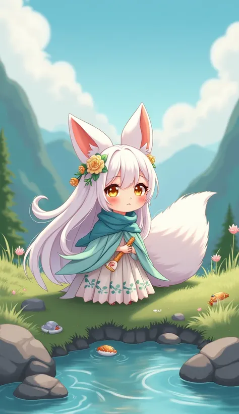 On the mountain,,Q version,Chinese,Cute and cute nine-tailed fox girl,White long hair shawl,Fox ears,hair accessories,Small chest,Wearing a white fairy glazed skirt,Holding fish by the river,