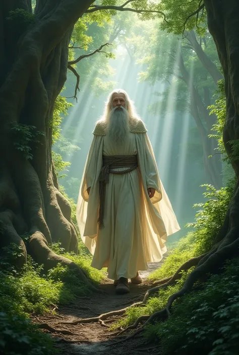 Gandalf in Forest walking with power in white clothes