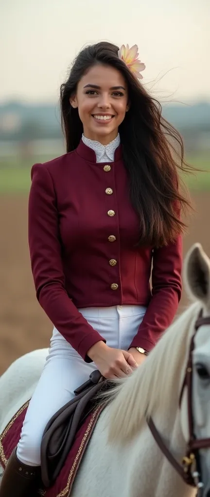 Realistic full-length portrait of a long-haired brunette Spanish girl., flower in the hair, smile. Mounted on a White Horse in a jockey&#39;s outfit, color marron..., Horse racing field , Perfect anatomy]]], perfect brown eyes. Perfect hands with 5 fingers...