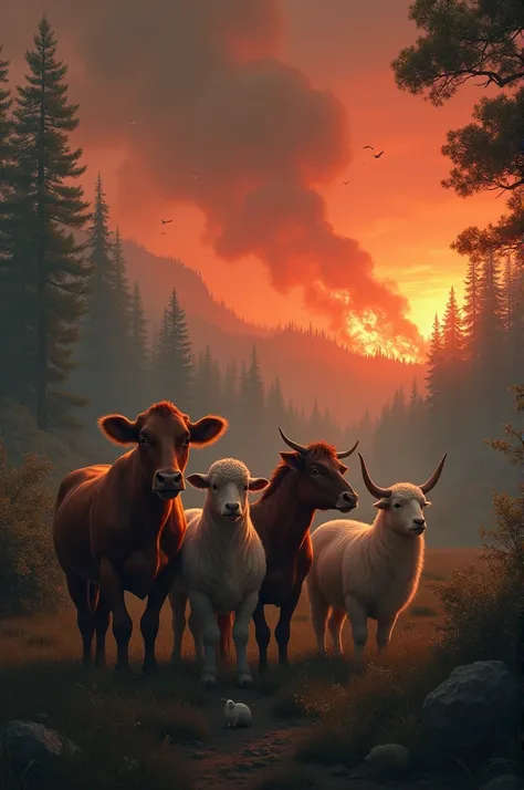 cow, sheep, goat, horse, Alpaca, Calls, vizcachas, birds, sad looking at the forest fire