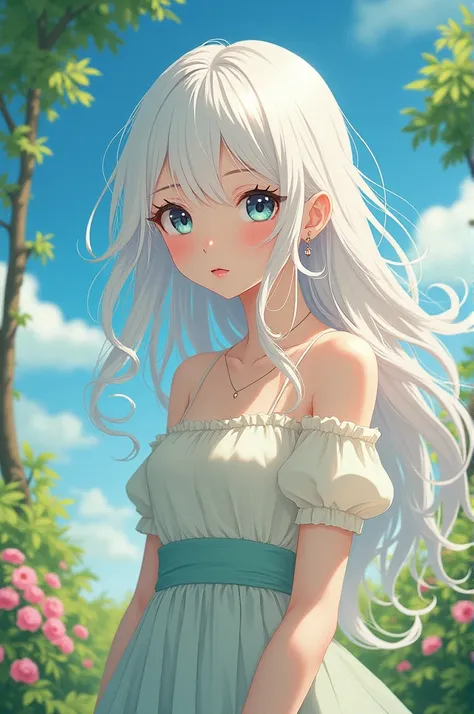 Anime girl with white long hair and Ghibli art studio style