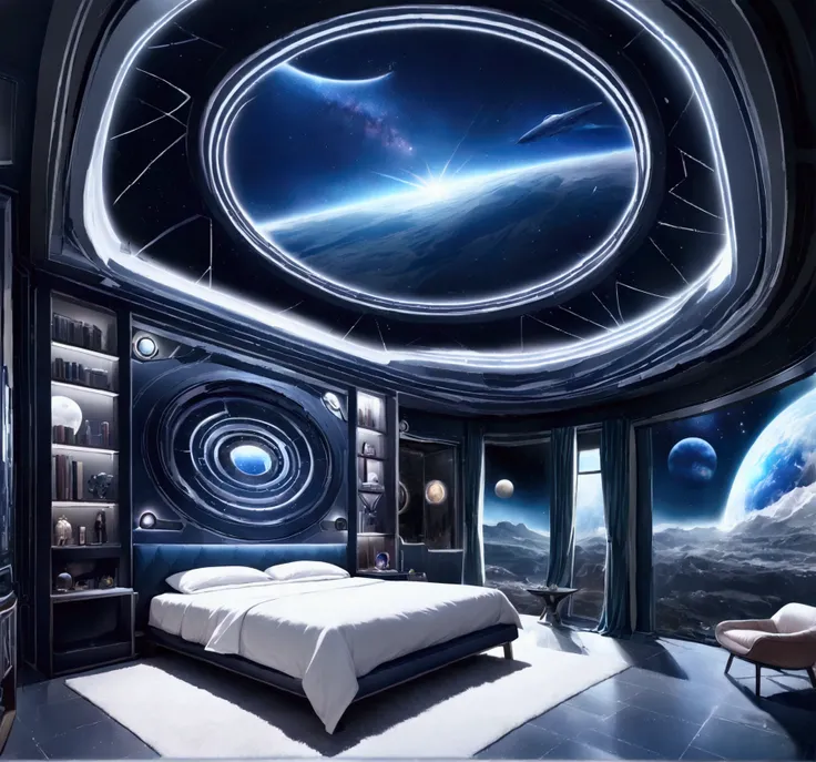 a bed room with a bed and a ceiling with a sky view, beautiful space, galaxy themed room, futuristic room, realistic space, surreal space, surreal concept art, amazing wallpaper, space art, surreal art, fantastic space, surreal design, scifi room, detailed...