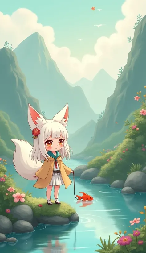 On the mountain,,Q version,Chinese,Cute and cute nine-tailed fox girl,White long hair shawl,Fox ears,hair accessories,Small chest,Wearing a white fairy glazed skirt,Catching fish in the river,