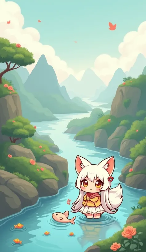 On the mountain,,Q version,Chinese,Cute and cute nine-tailed fox girl,White long hair shawl,Fox ears,hair accessories,Small chest,Wearing a white fairy glazed skirt,Catching fish in the river,