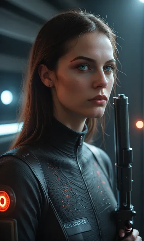 (grainy:0.5), cinematographic,girl, space, Serious, detailed eyes, detailed face, Detailed futuristic clothing, lights on clothes, (aiming gun:1.1), (Concealment:1.1), (trespass, looking to the side:1.1), volumetric lighting, Isolation, horror, dark lighti...