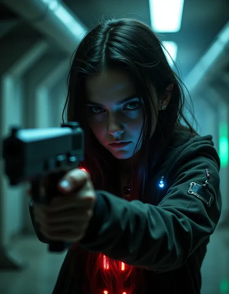 (grainy:0.5), cinematographic,girl, space, Serious, detailed eyes, detailed face, Detailed futuristic clothing, lights on clothes, (aiming gun:1.1), (Concealment:1.1), (trespass, looking to the side:1.1), volumetric lighting, Isolation, horror, dark lighti...