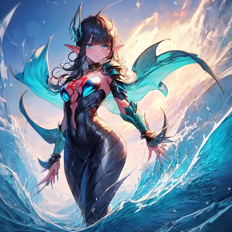 Mature sea elf mother standing on a rock, black long wavy hair, blue eyes, large chest, fish gills on the neck, webbed fingers, sharp nails, pointed ears like fins, colored skin, turquoise-blue skin, ice armor, against the background of the icy sea, agains...