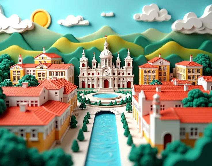 Generate a colorful papercraft image of the city of Madrid, Spain,