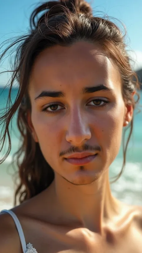 beautiful detailed eyes, beautiful detailed lips, extremely detailed eyes and face, longeyela sses, 1girl, on the beach, looking at the camera, sunrays, ocean waves, blue sky, (best quality,4k,8k,highres,masterpiece:1.2),ultra-detailed,(realistic,photoreal...