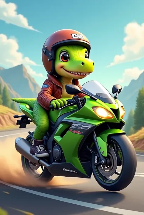 Cute Dinosaur Logo Riding Kawasaki Ninja 500 Sports Bike Around Said Bikers