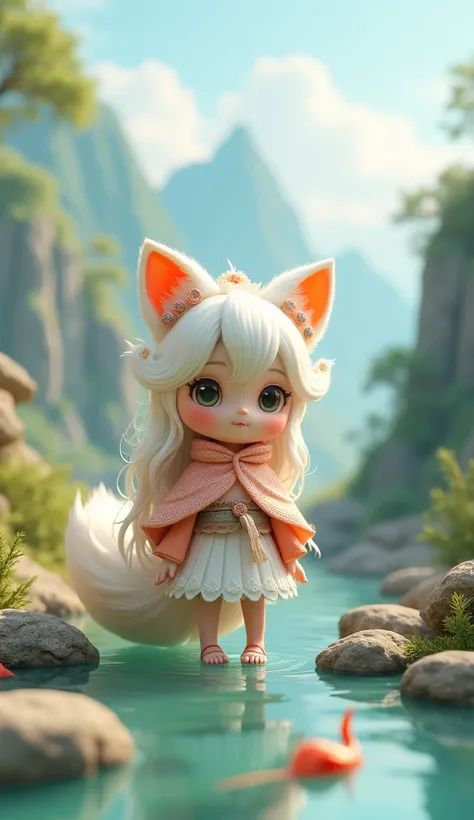 On the mountain,,Q version,3d,Chinese,Cute and cute nine-tailed fox girl,White long hair shawl,Fox ears,hair accessories,Small chest,Wearing a white fairy glazed skirt,Catching fish in the river,