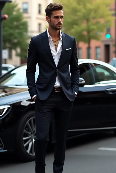 Man with gold chain standing near black car 
And the door was open 