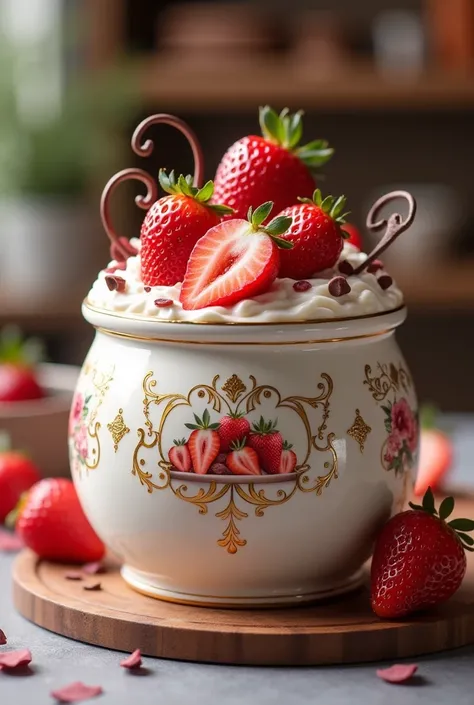 You create a Strawberries and Cream logo in a well decorated, exquisite container with hints of chocolate in a lively tone 