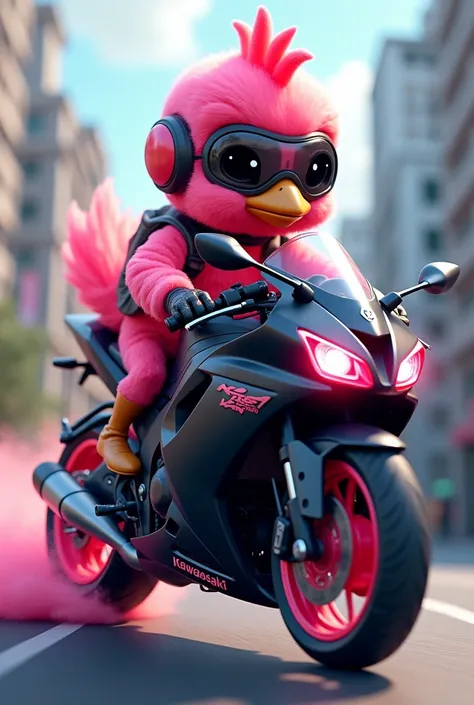 Pink chick riding a black Kawasaki Ninja 500 motorcycle with pink details