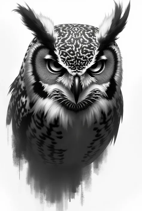 Create a drawing of an owl, to tattoo on the forearm without colors, just shading and more realistic, the owl must have a deep gaze and the appearance of a furious face, she must be a little sideways, maybe 40 degrees