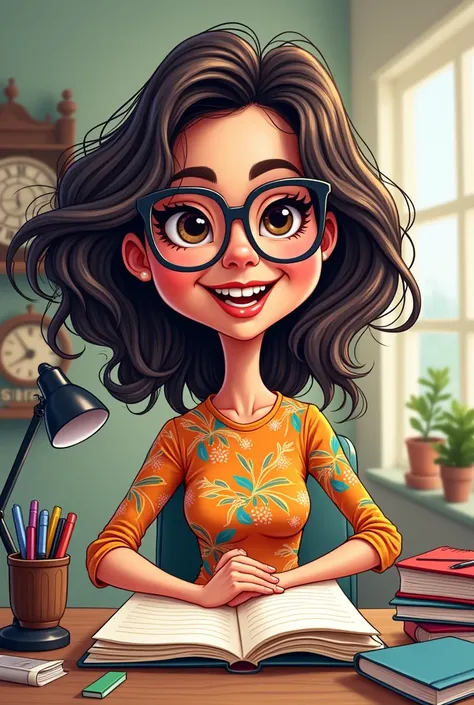 Create a girl caricature art text logo of name komal caricature in name. She  is a student. Her hair open in the air. She is studying in her room , lamp , penholder, clock, books etcon her desk, wearing googles. She is wearing a beautiful dress