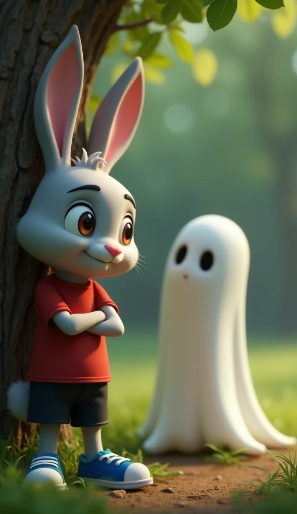 "Sheru(A cute 3D Pixar-style rabbit character with a round face and large expressive eyes. He wears a red t-shirt, black shorts, and blue sneakers. His fur is soft and light gray, and his ears are long and slightly floppy. He has a small, pink nose, and hi...