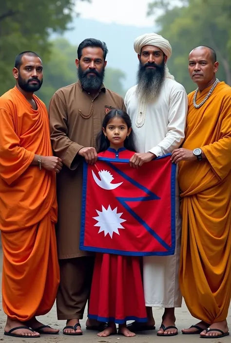 Five people standing together, one is Hindu wearing orange colour clothes, one is Muslim wearing their religious cap and kurta of white colour, one is Christian, one is wearing newari clothes it is Nepali traditional of red colour cloth girl and one is Bud...