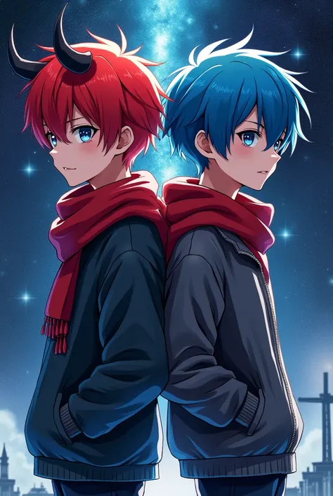 Two boys back to back, one with red hair and the other with blue hair, both with cold face and the one with red hair has a pair of horns on his head, wearing young and fashionable clothes, the one with red hair has a red scarf, in a space setting in the in...