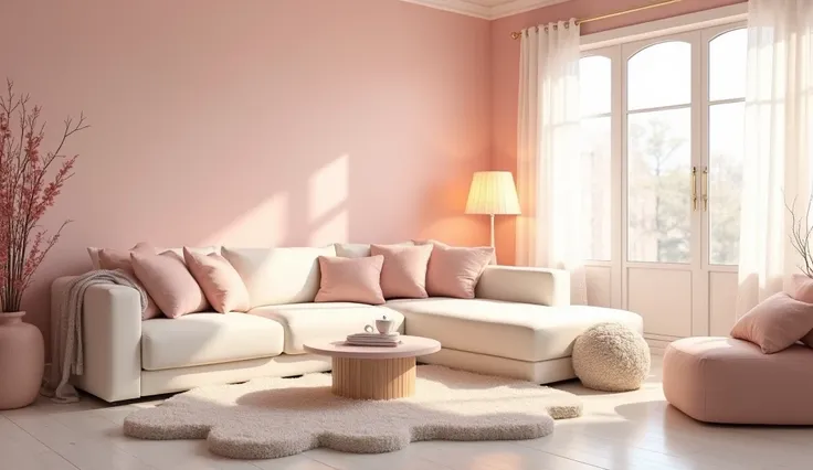 A large, bright and cozy room with walls in a soft pastel pink. A large white sofa with cushions in different shades of pink and cream. a soft cloud-shaped rug and a heart-shaped coffee table. large windows with white lace curtains and an elegant floor lam...