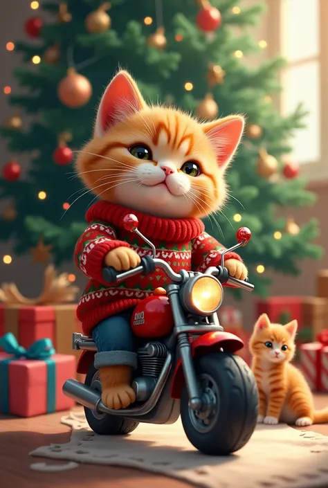 Cute cat with a motorbike with Christmas sweater under the Christmas tree with het kitten en surprise 