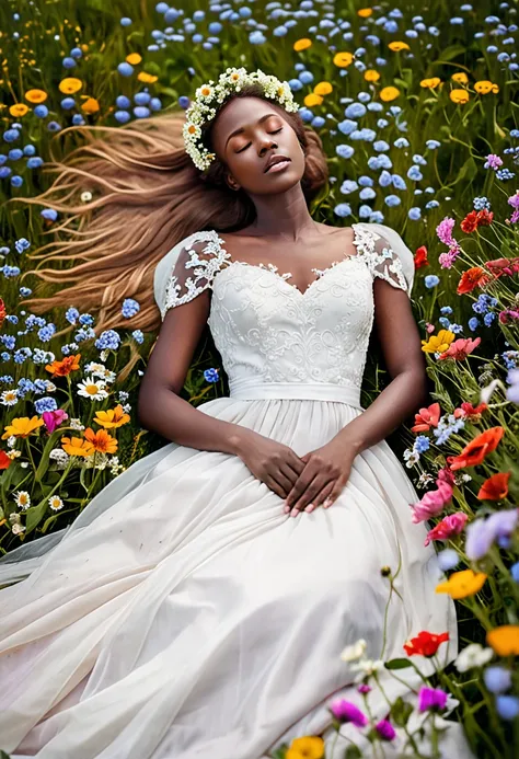 a young woman dressed as a bride, lying unconscious in a picturesque field full of colorful flowers. Her light brown hair, Her eyes closed and her dark skin stand out against the white dress, giving it an ethereal and mysterious air. The scene radiates a r...