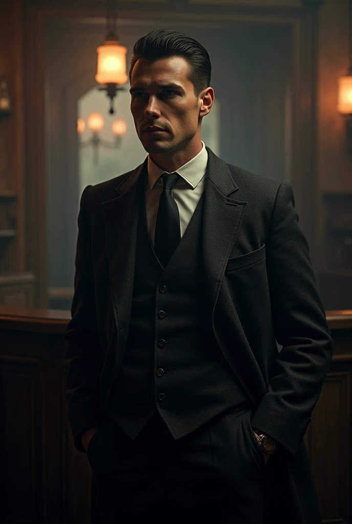 Create a man in suit like an mafia look
His hairs like thomas shelby
