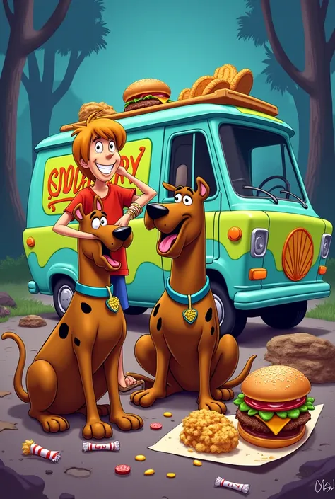 Scooby Doo gang with the mystery machine and Shaggy and Scooby eating various snacks