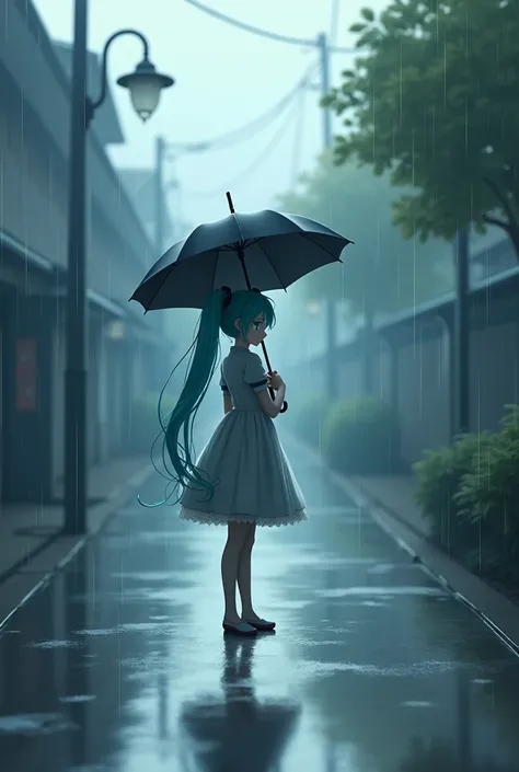 hatsune miku holding an umbrella, turned back, looking at viewer, anime style, standing in the distance