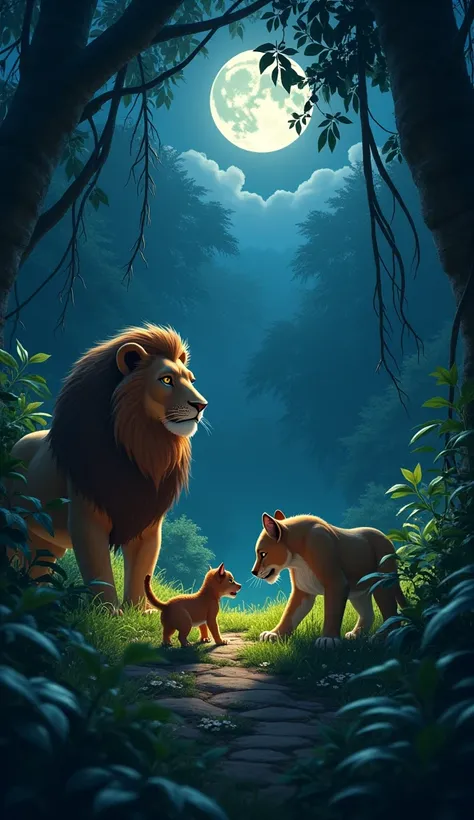 At night a poor kitten lost in a jungle a greedy wolf trying to eat him suddenly his mother came and fought with the wolf a lion came and save the kitten from wolf lions cub and kitten playing happily 