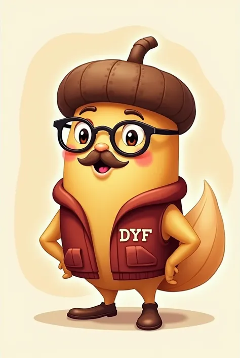 A cartoon acorn with a goatee, glasses, and a sports vest with the initials DYF engraved on the upper left side of it