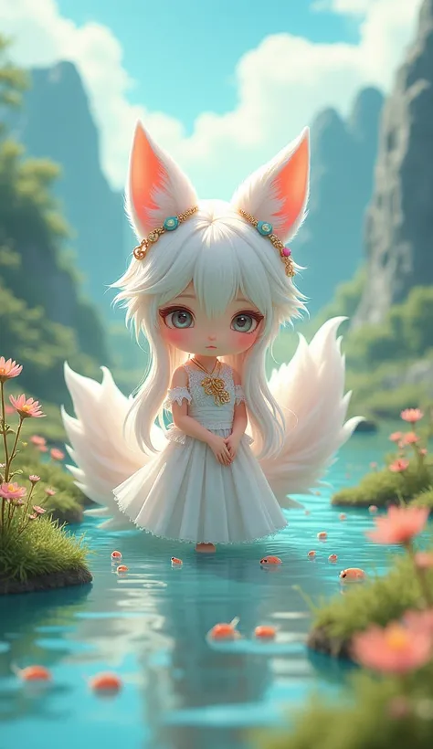 On the mountain,,Q version,2.5D,Chinese,Cute and cute nine-tailed fox girl,White long hair shawl,Fox ears,hair accessories,Small chest,Wearing a white fairy glazed skirt,Catching fish in the river,