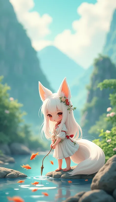 On the mountain,,Q version,2.5D,Chinese,Cute and cute nine-tailed fox girl,White long hair shawl,Fox ears,hair accessories,Small chest,Wearing a white fairy glazed skirt,Catching fish in the river,