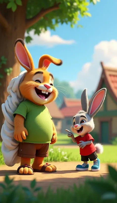 "The white robe slips off, revealing the village prankster, Motu(A chubby 3D Pixar-style rabbit with a slightly rounder face than Sheru, giving him a more playful, jovial appearance. His fur is light brown, and he has a broader build. He wears a green t-sh...