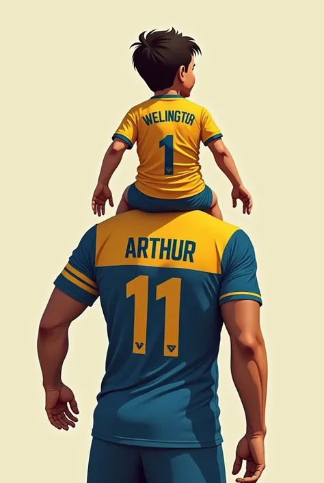 Create a 2d image of a father with his son on his shoulders. Both must be back to back without showing their faces., with the Cruzeiro team shirt, dark blue. The child&#39;s name should ONLY be on the card. "Arthur"  and on dad&#39;s shirt ONLY "Welington"...