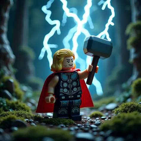 Marvel hero, Thor, Hammer, lightning, forest, LEGO art style, fantasy art style, Miniature Photography, Isometric Photography, emphasizing details, revealing beauty in small things, professional lighting, precise focusing, artistic expression, immersive ex...